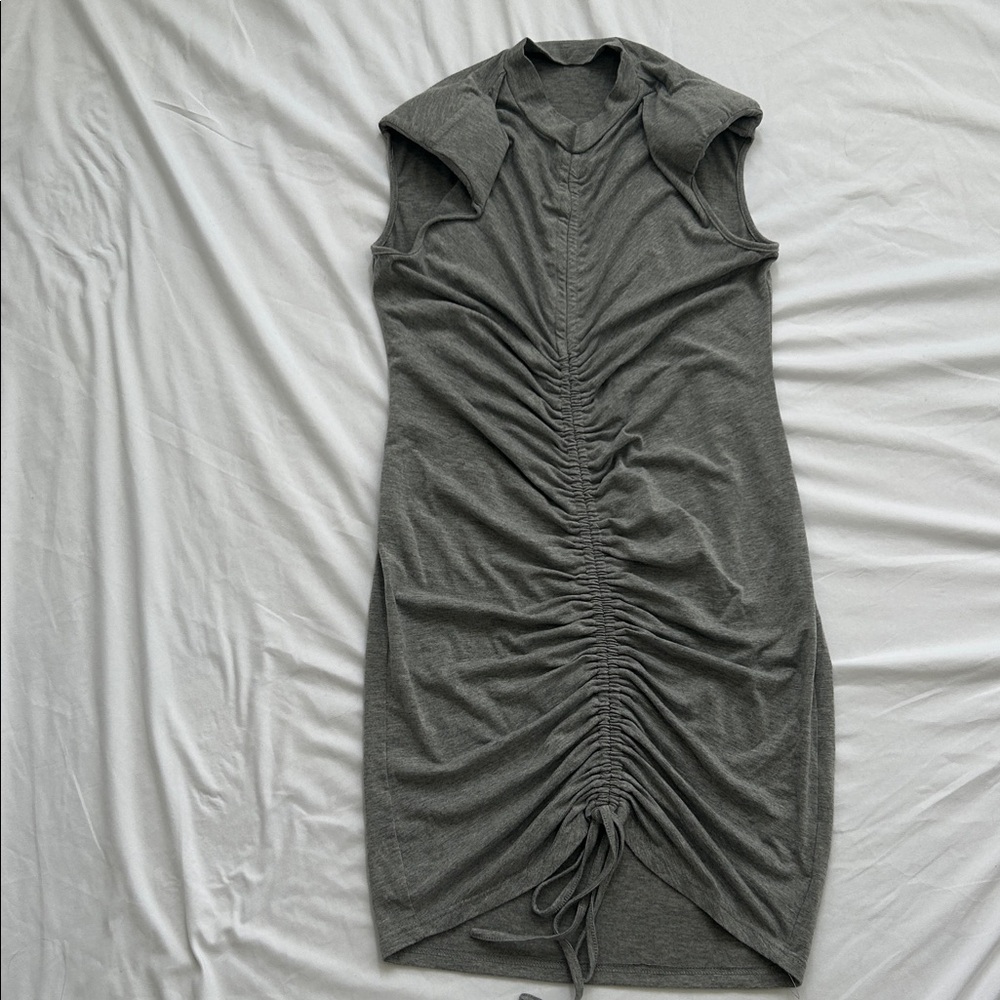 Gray Ruched Bodycon Midi Dress with Shoulder Pads - Size L